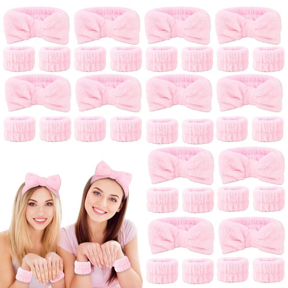 6382 12 Pcs Pink Spa Headbands and Wristband Set , Soft Coral Fleece Makeup